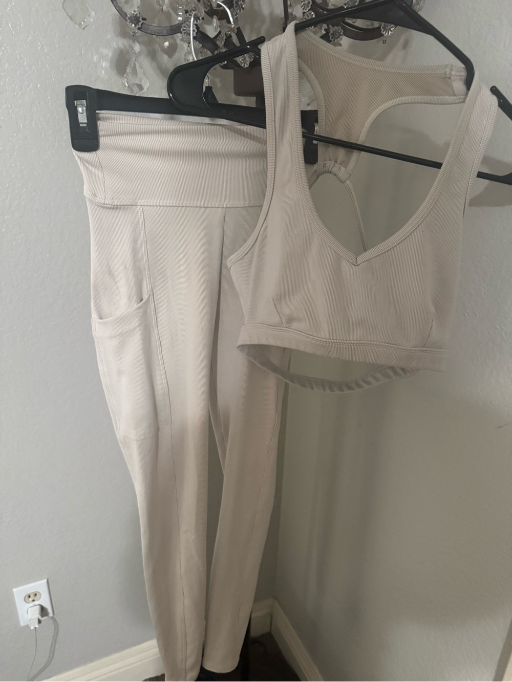 Bombshell Sportswear Cream Ribbed V‑Neck Crop Top and High‑Waist Leggings